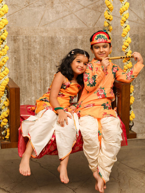 Vastramay Yellow Floral Printed Cotton Silk Siblings Set